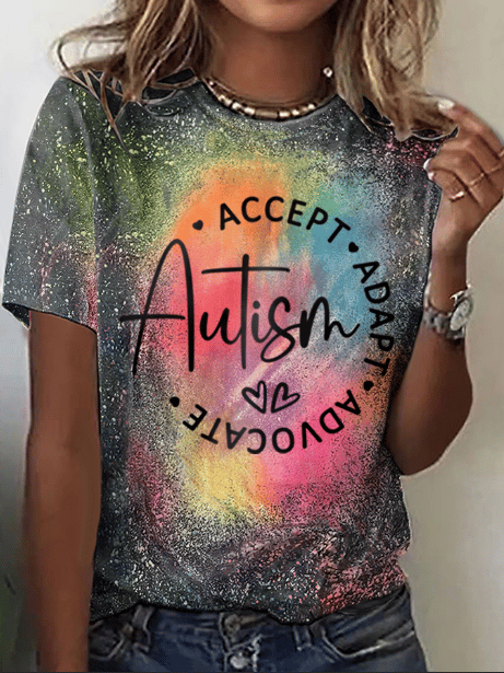 Women's Accept Adapt Advocate Autism Acceptance Printed Short-Sleeved T-Shirt