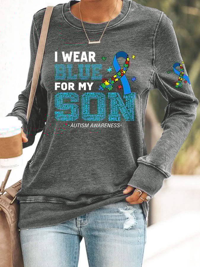 Women's Retro I Wear Blue For My Son Autism Awareness Printed Casual Sweatshirt