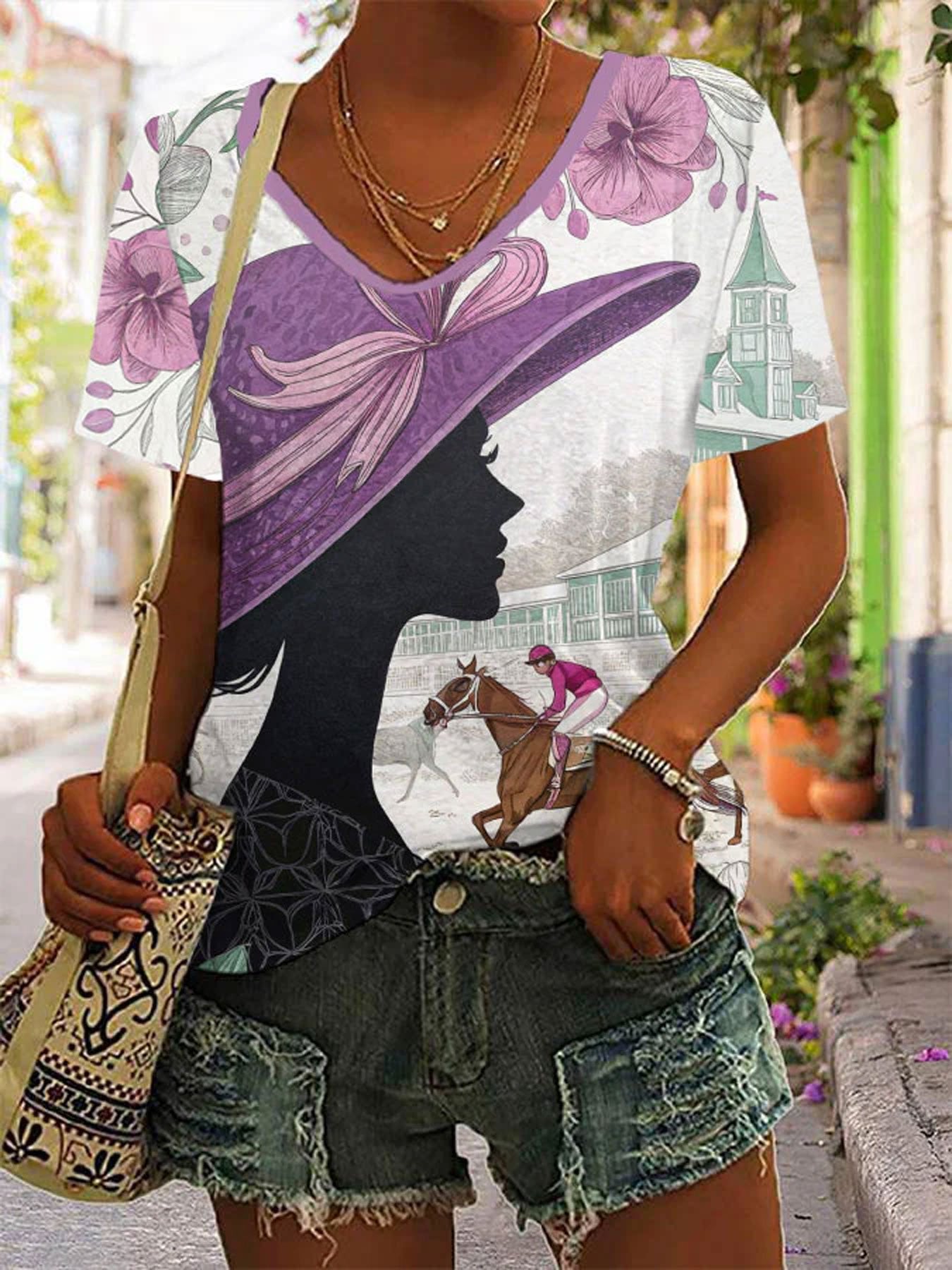 Women's Horse Racing Print T-Shirt