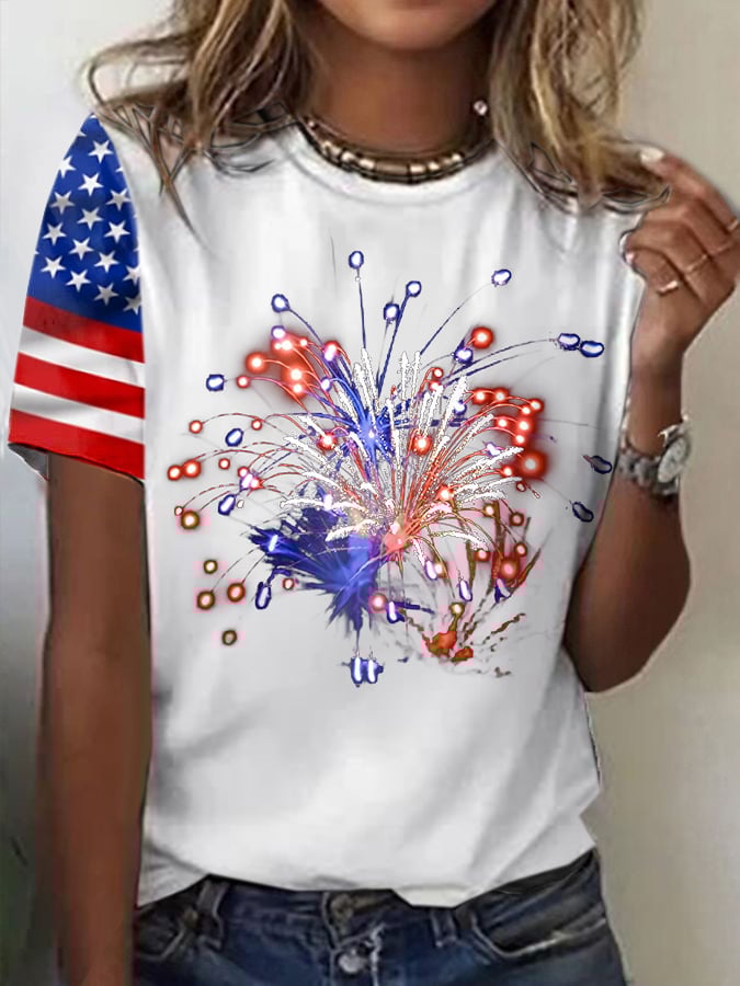 Women's Flag Fireworks Independence Day Print Casual T-Shirt