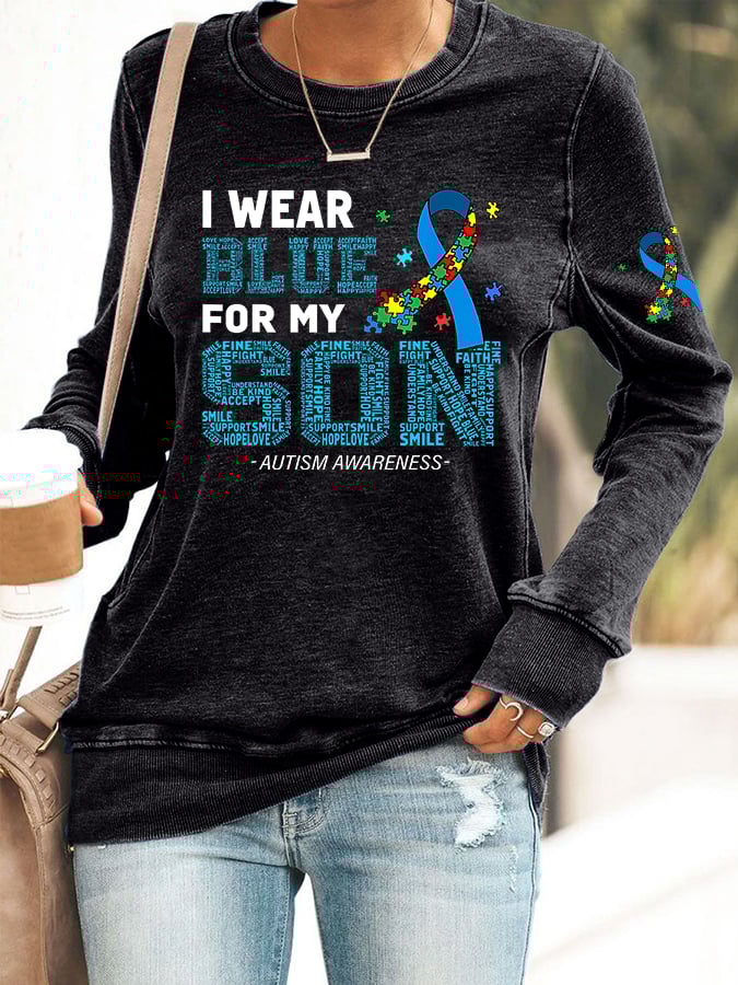 Women's Retro I Wear Blue For My Son Autism Awareness Printed Casual Sweatshirt