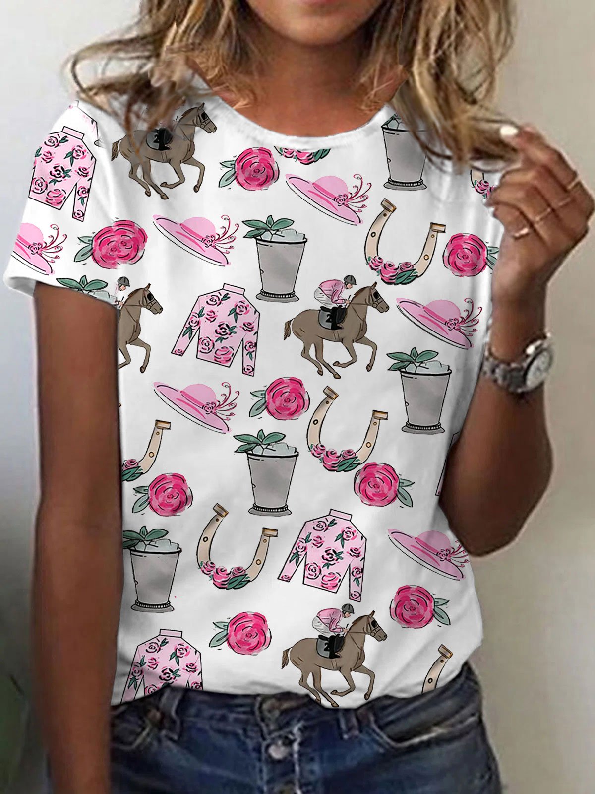 Women's Derby Horse painting print crew neck T-shirt