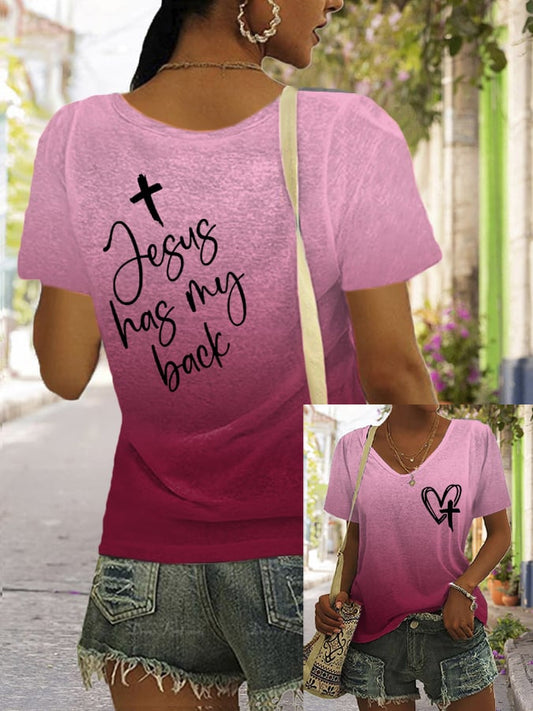 Women's Jesus Has My Back Print V Neck T-Shirt