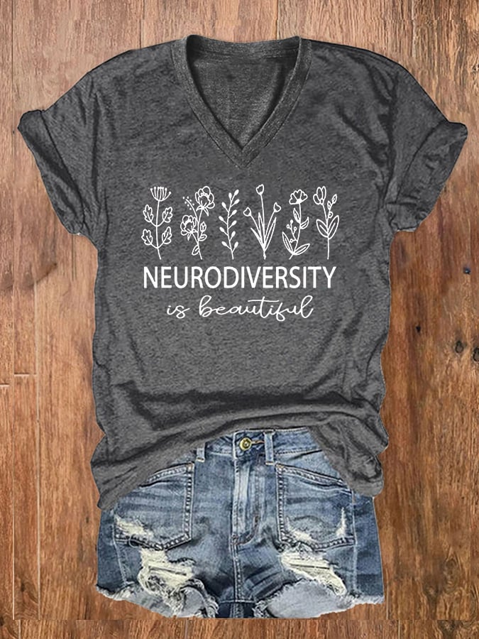 Women's Neurodiversity Autism Awareness Print V-Neck T-Shirt