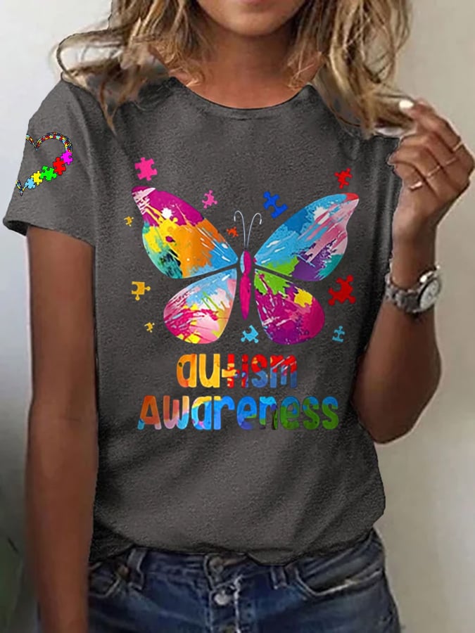 Women's Autism Awareness Printed Casual T-Shirt