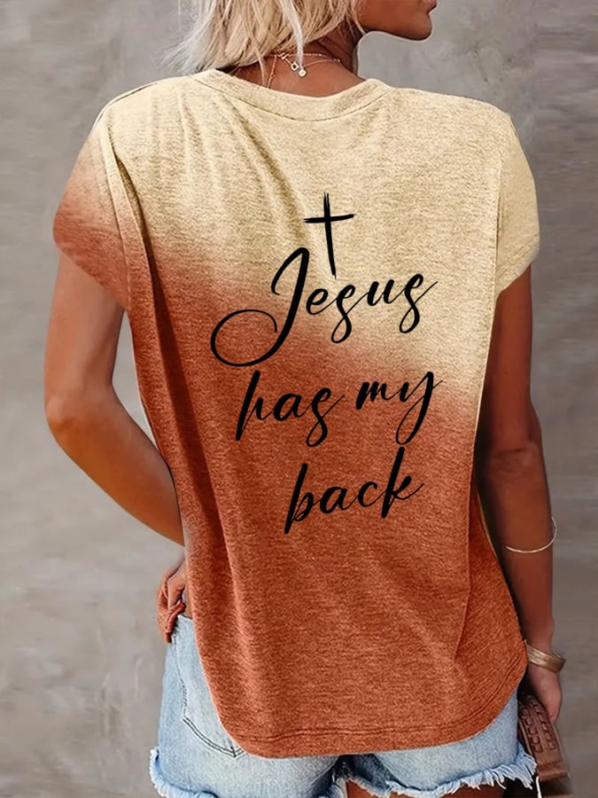 Women's Jesus Has My Back Print Casual T-Shirt