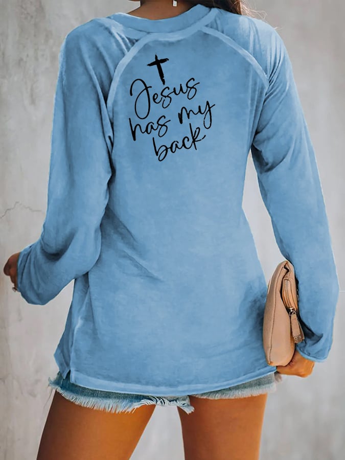Women's Love Like Jesus Jesus Has My Back Casual V-Neck Long-Sleeve T-Shirt