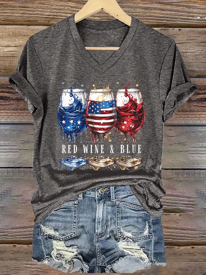 V-Neck Retro Independence Day Red Wine And Blue Print T-Shirt