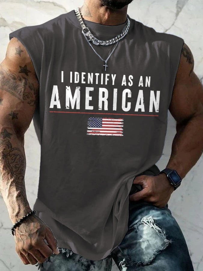 Men's I Identify As An American Print Round Neck Tank Top