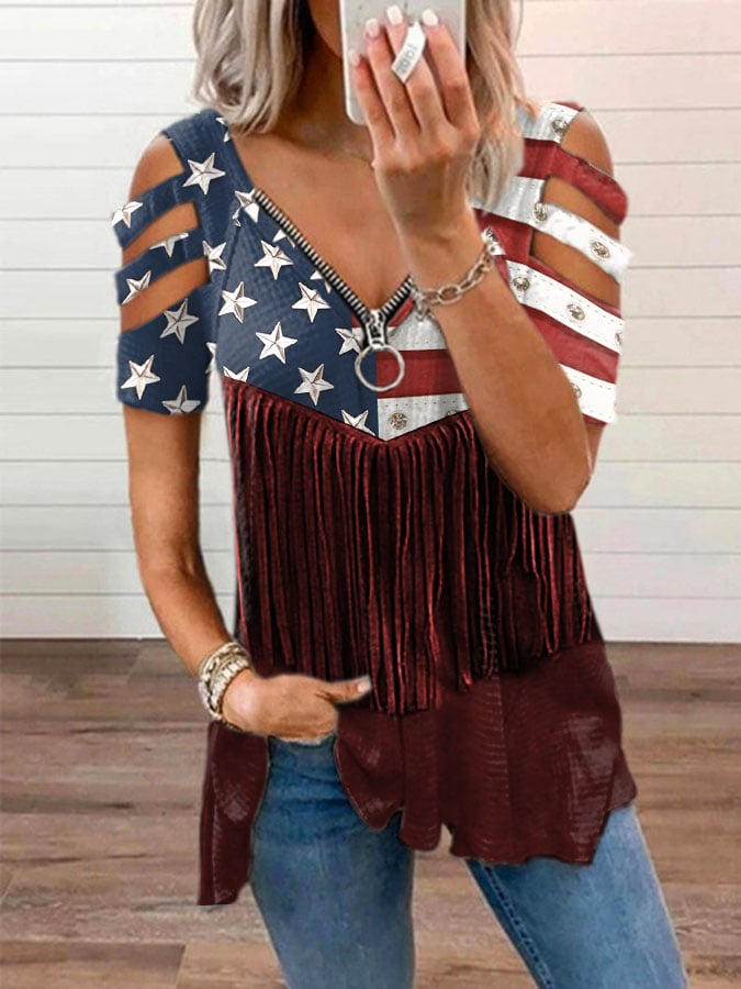 Women's Independence Day Flag Denim Blue Print V-Neck T-Shirt