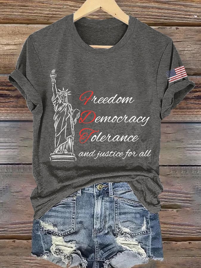 Women's Freedom Democracy Tolerance And Justice For All Printed Round Neck T-shirt