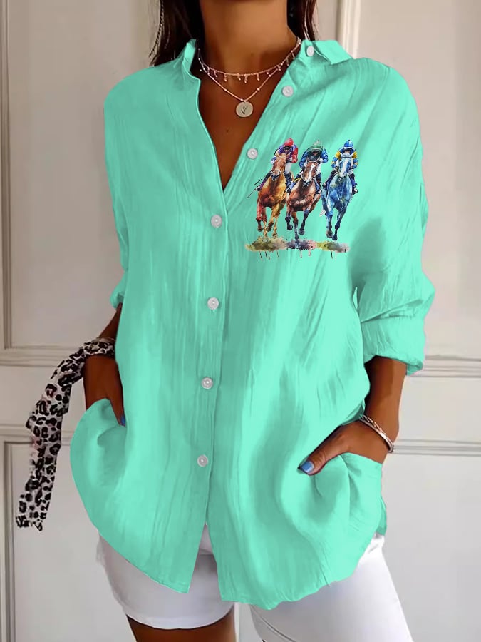 Women's Casual Art Horse Racing Cotton And Linen Shirt