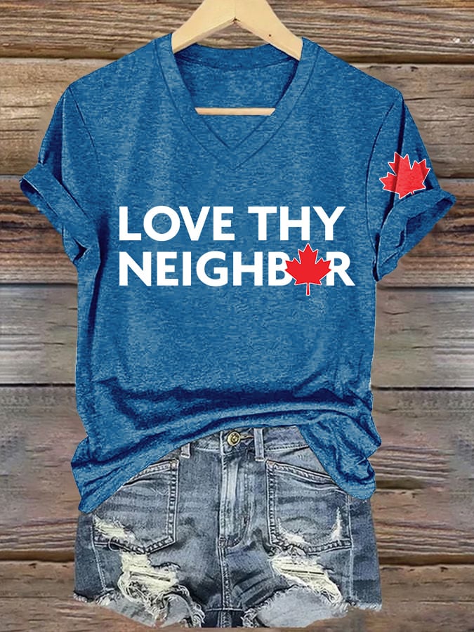 V-Neck Retro Love Thy Neighbor Canada Print T-Shirt