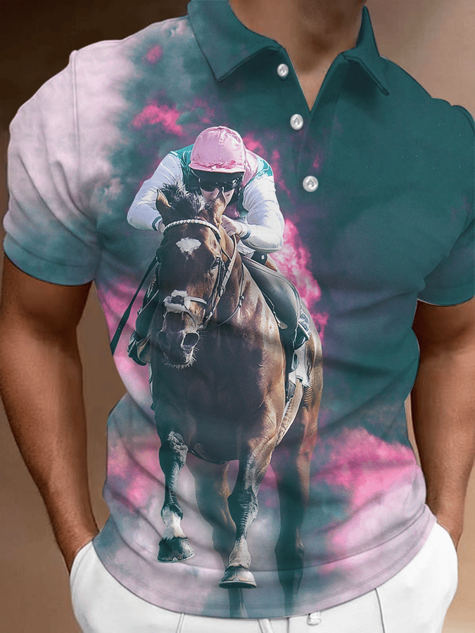 Men's Kentucky Derby Horse Racing Printed Casual Polo Shirt