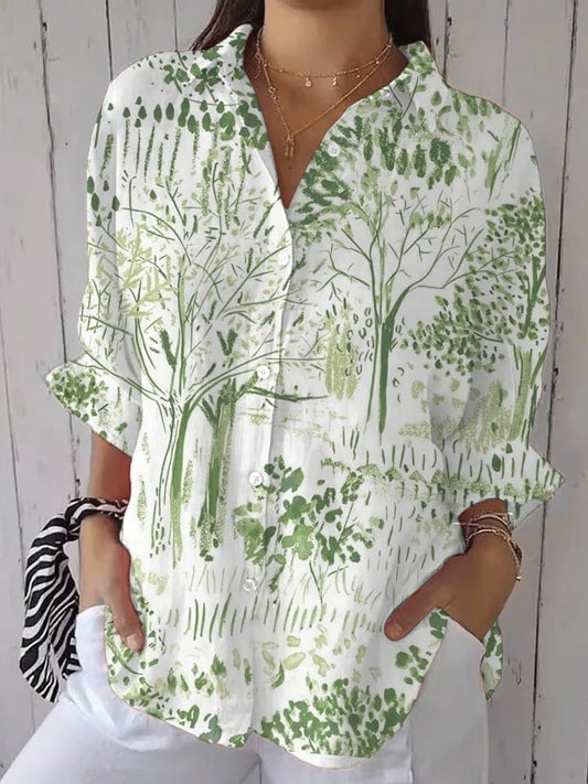 Women's casual retro forest print cotton and linen shirt