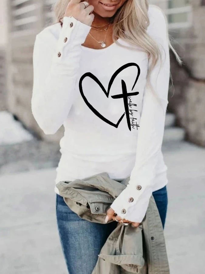 Women's Love Cross Walk By Faith Jesus Has My Back Print Button Top