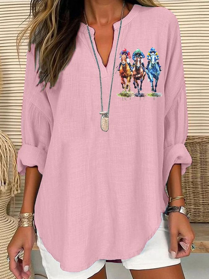 Women's Horse Racing Print Casual Long Sleeve V-Neck Shirt