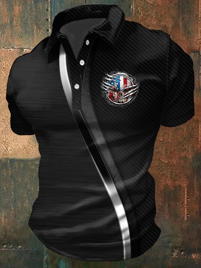 Men's Casual Independence Day Skull and Crossbones Flag Polo Shirt