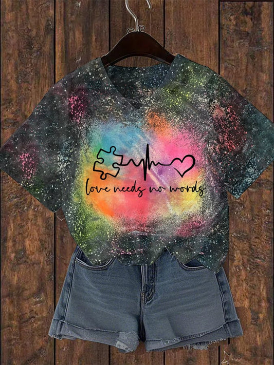 Women's Love Needs No Words Autism Awareness Print V Neck T-Shirt