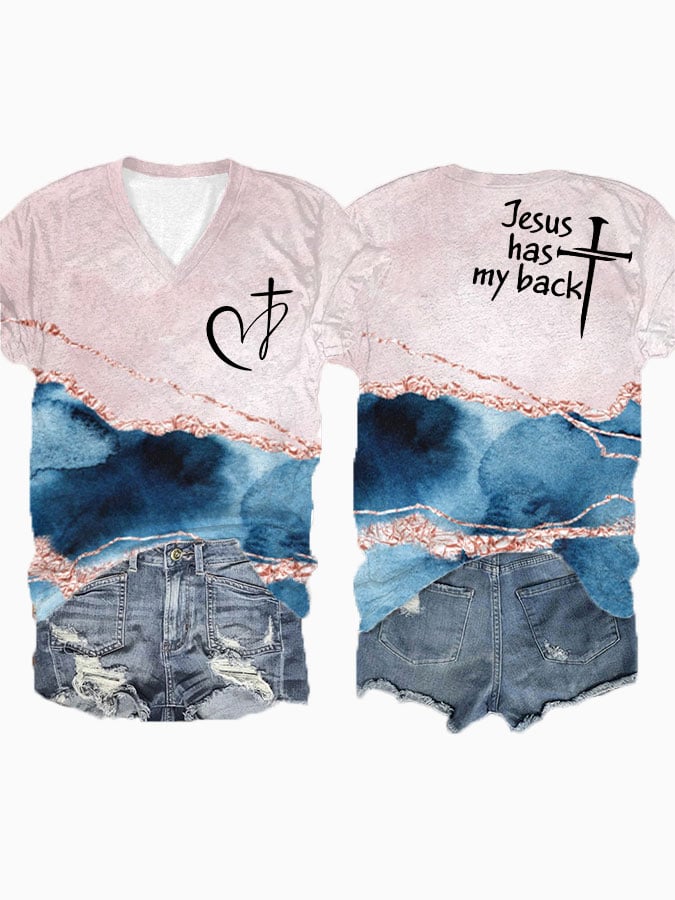 Women's Jesus has my back Cross V Neck T-Shirt