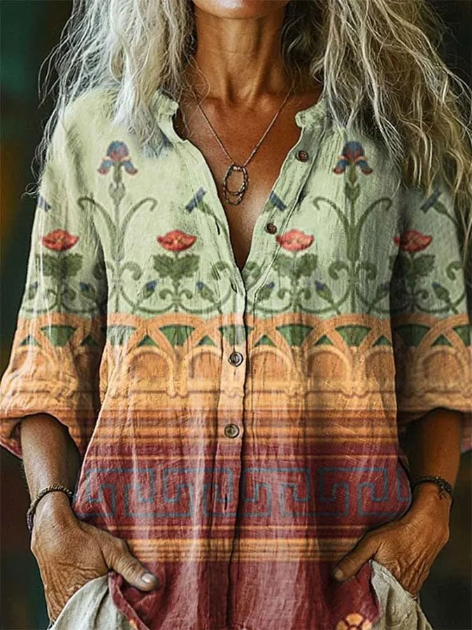 Women's Vintage Floral Stripe Print Lapel Shirt