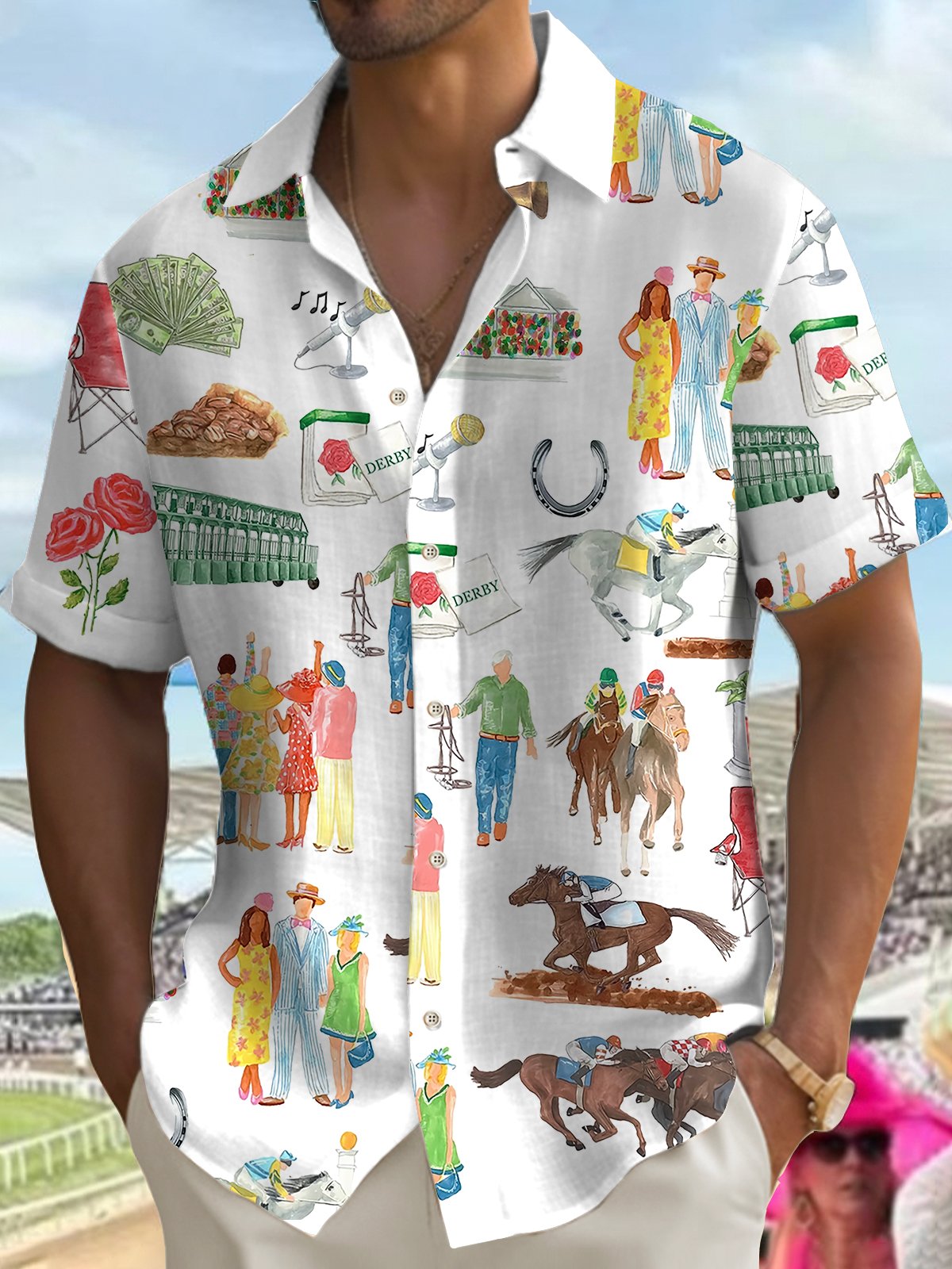 Men'S Retro Kentucky Derby Printed Short Sleeve Shirt