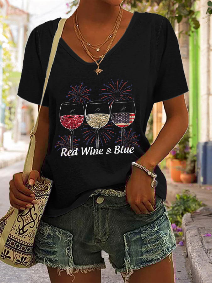 🔥Last Day 49% Off🔥Women's Red Wine and Blue Print T-shirt