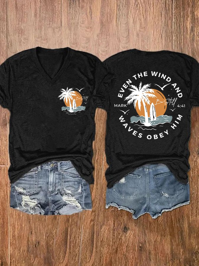 Women's Casual Western Christian Faith Bible Verse Double-Sided Printed V-Neck Short Sleeve T-Shirt