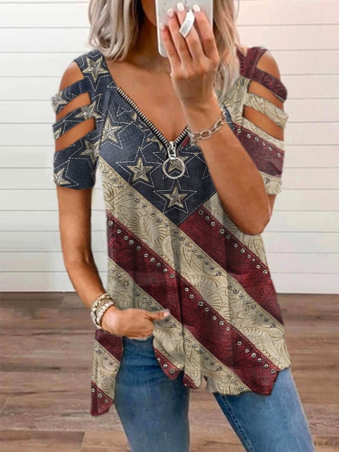 Women's Independence Day Flag Denim Blue Print T-Shirt