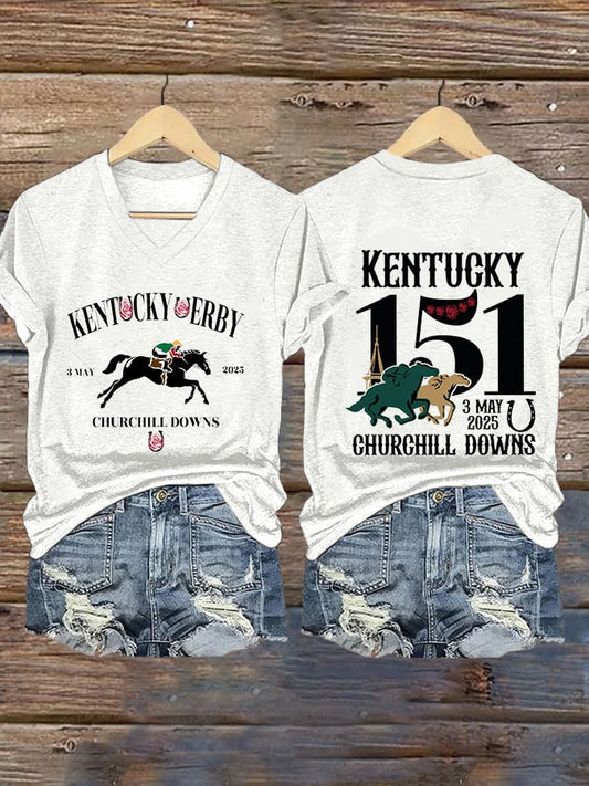 Women's Kentucky Derby  Printed V-Neck T-Shirt