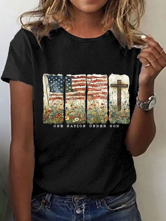 Women'S Casual One Country Under God Faith Graphic Print Short Sleeve T-Shirt