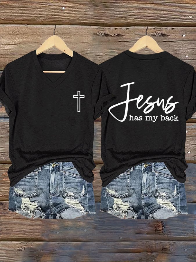 Women's Jesus Has My Back Printed Casual V-Neck T-Shirt