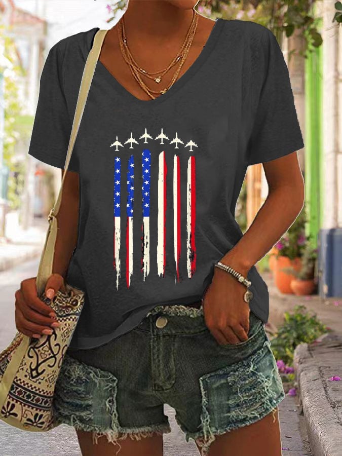 Women's American Flag Independence Day Print V-Neck T-Shirt