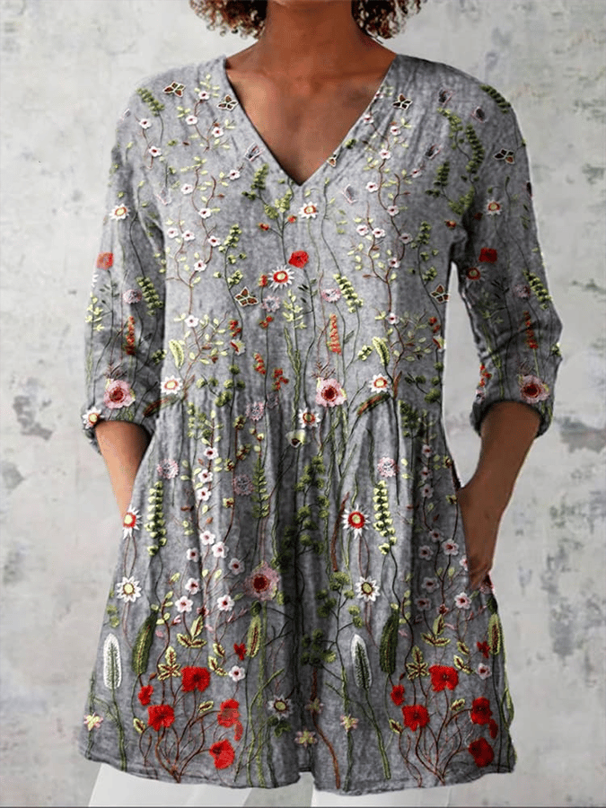 Women's Vintage Floral Art Print Casual Cotton Linen V-Neck Shirt