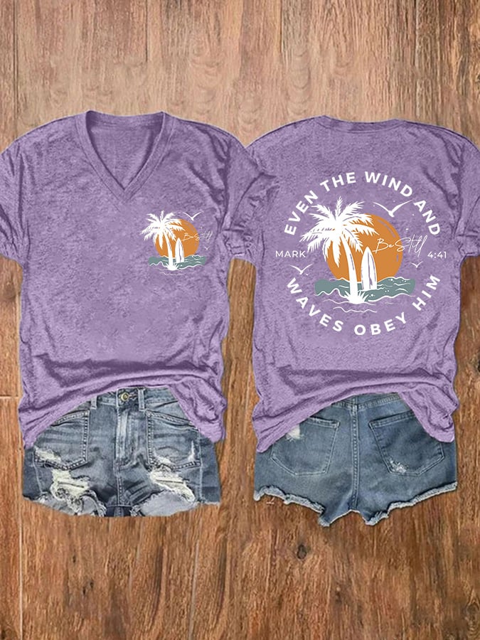 Women's Casual Western Christian Faith Bible Verse Double-Sided Printed V-Neck Short Sleeve T-Shirt