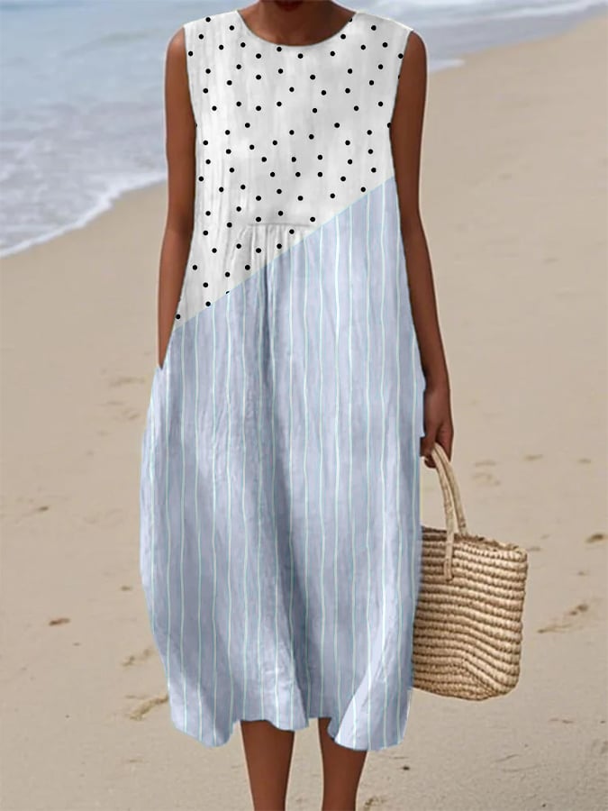 Women's Retro Polka Dot Stripe Art Print With Pockets Dress
