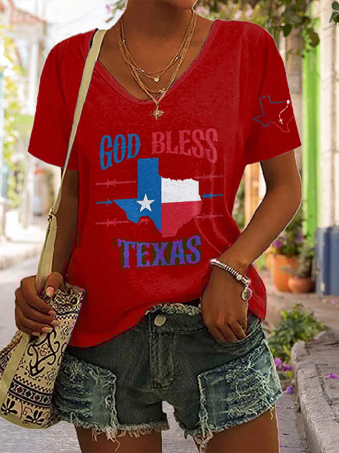 V-Neck Retro Texas Strong God Bless Texas Print T-Shirt