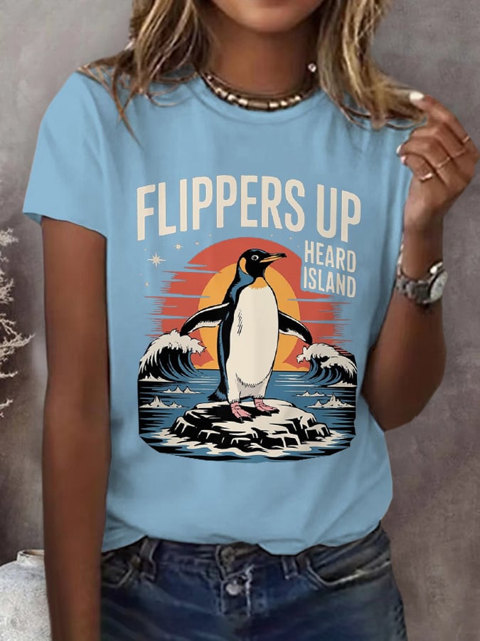 Women's Flippers Up Heard Island Penguin Resist Printed Short-Sleeved T-Shirt