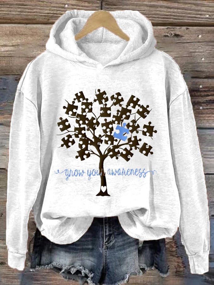Women's Grow Your Awareness Tree of Life Autism Printed Hooded Sweatshirt