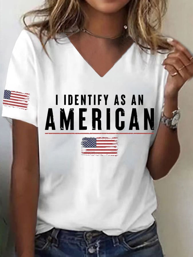Women's I Identify As An American Print V Neck T-shirt