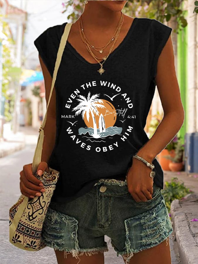 Women's Casual Christian Bible Verse Palm Tree Print Tank Top