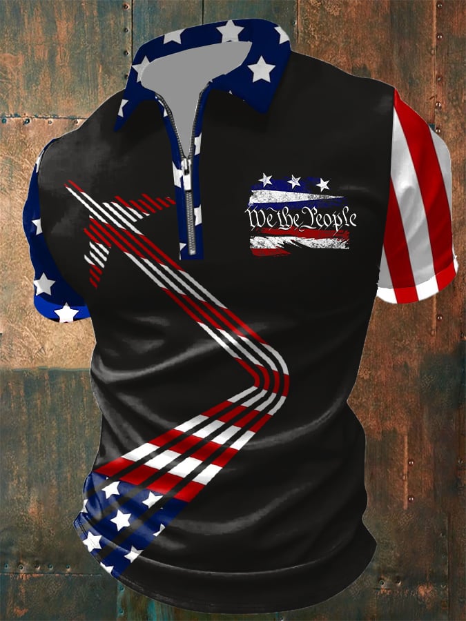 Men's Vintage Flag We The People Print Short Sleeve POLO Shirt