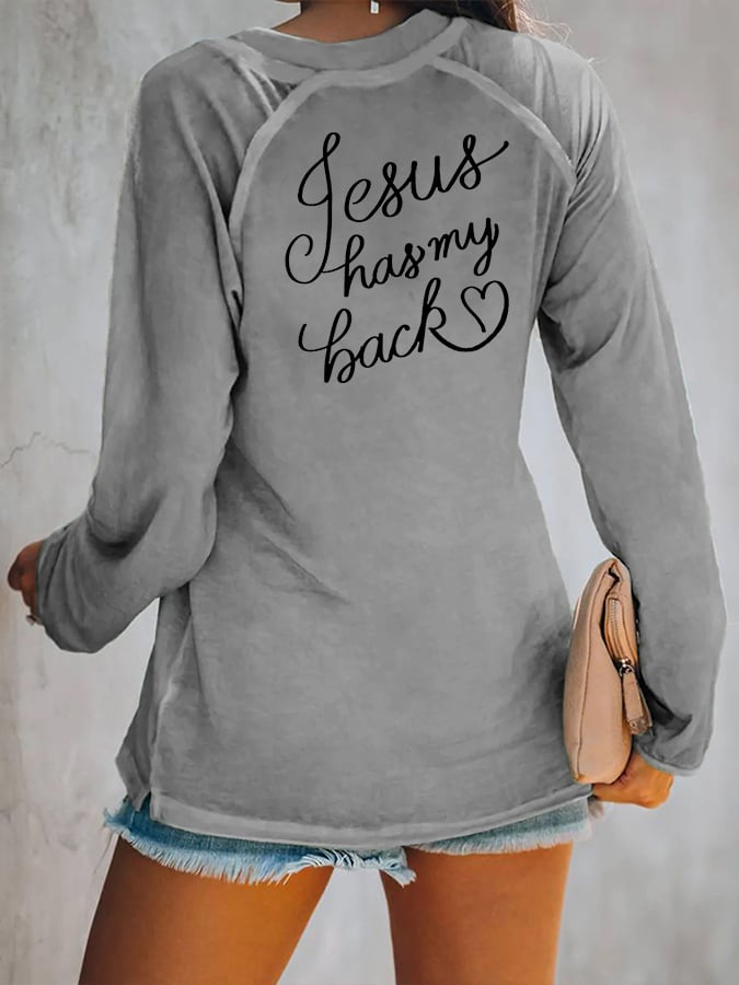 Women's Love Like Jesus Jesus Has My Back Casual V-Neck Long-Sleeve T-Shirt
