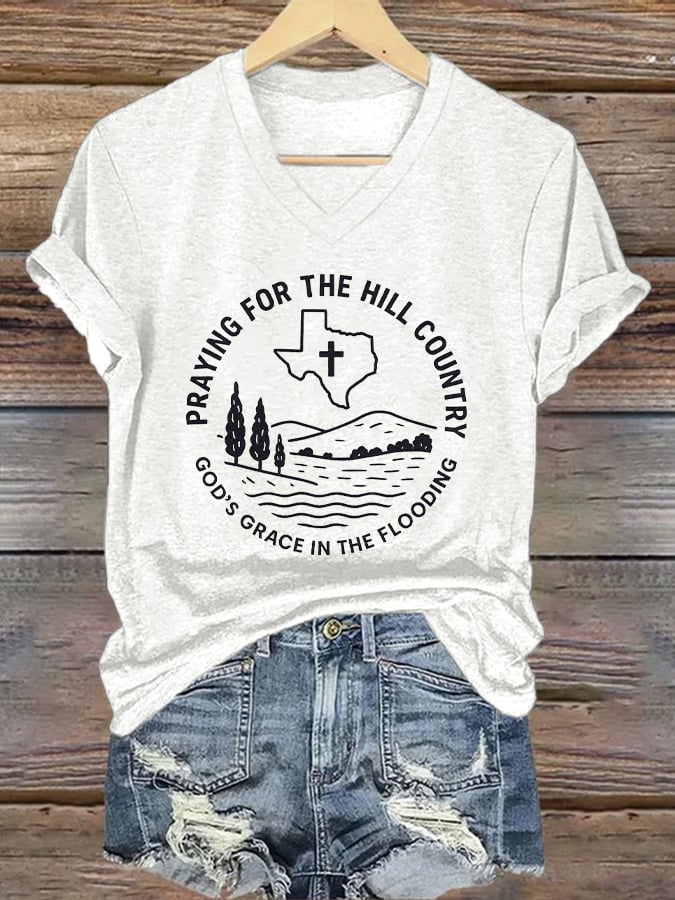 V-Neck Retro Texas Strong Praying For The Hill Country God’s Grace In The Flooding Print T-Shirt