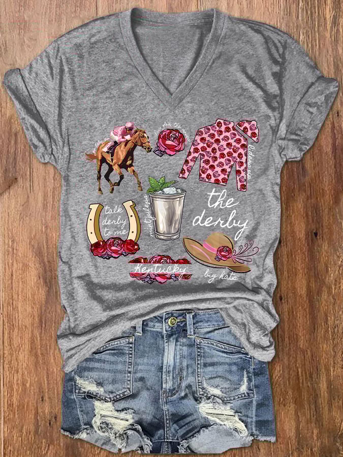Women's Derby Horses Print V-Neck T-Shirt