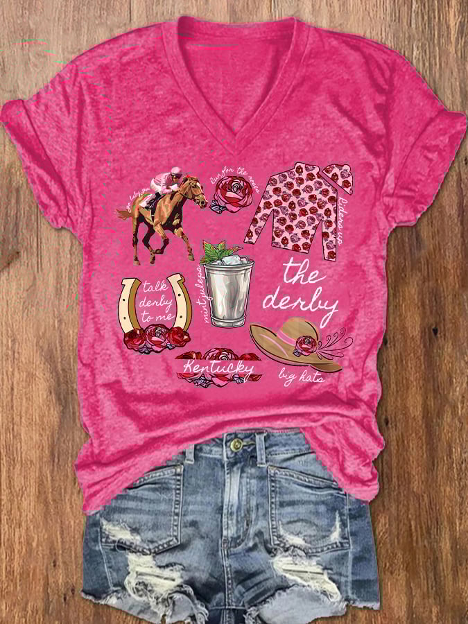 Women's Derby Horses Print V-Neck T-Shirt