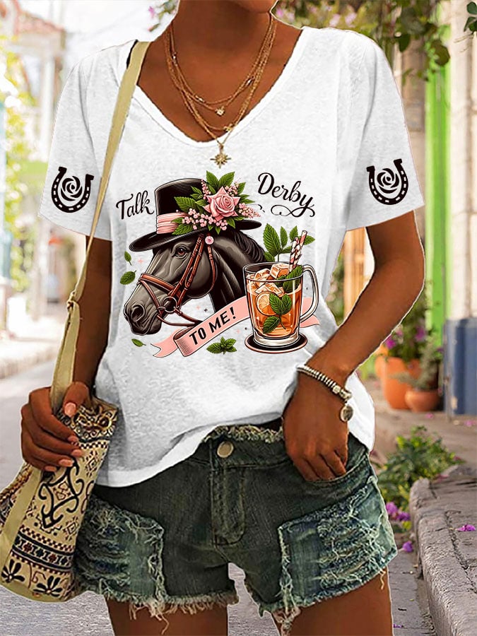 Women's Horse Racing Print V-Neck T-Shirt