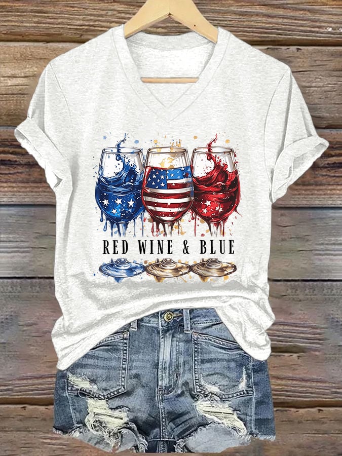 V-Neck Retro Independence Day Red Wine And Blue Print T-Shirt