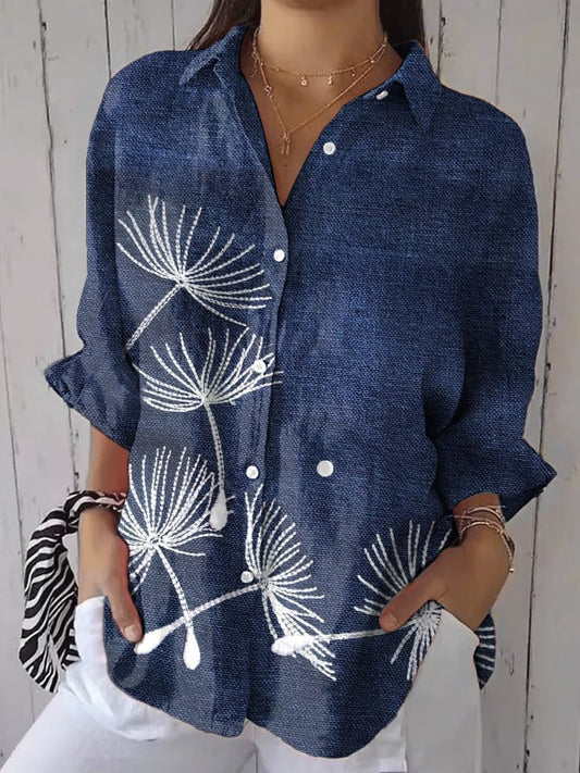 Women's Casual Vintage Blue Dandelion Shirt
