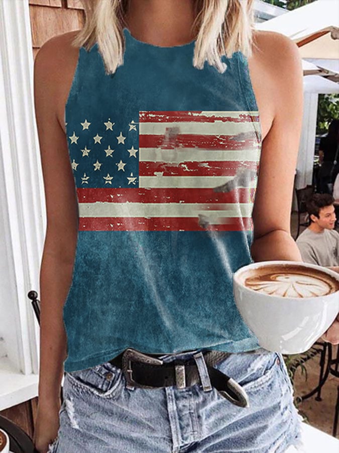 Women's Independence Day Flag Print Crew Neck Tank Top